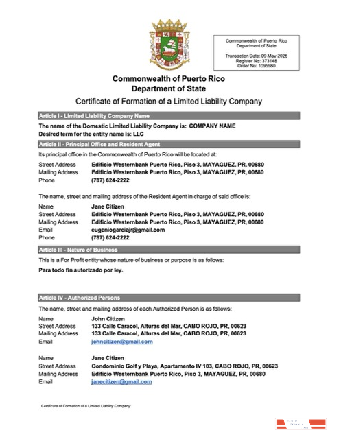 Puerto Rico certificate of formation of a limited liability company Word and PDF template